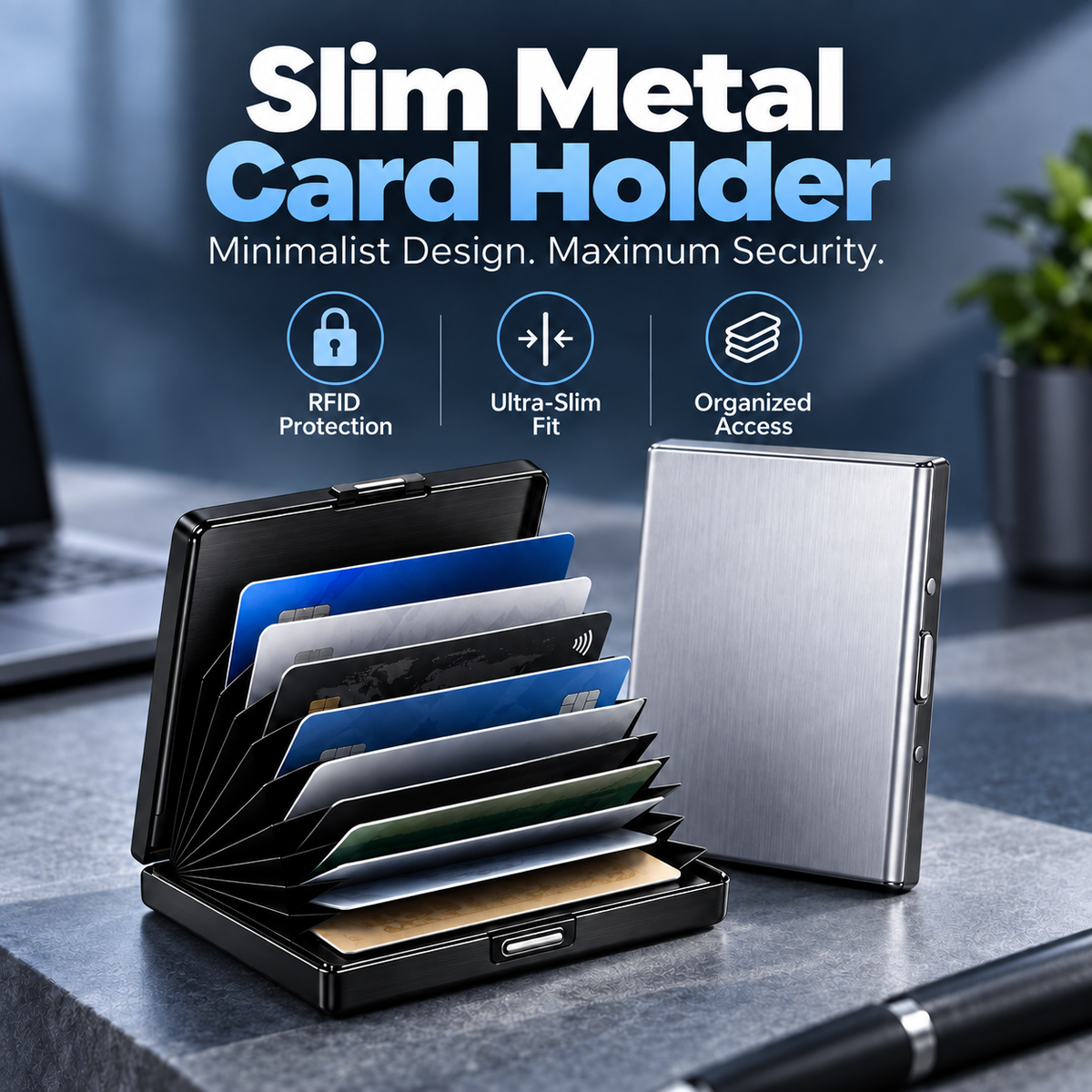 Slim RFID Blocking Leather & Metal Card Holder