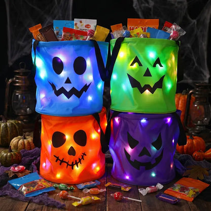 🎃 Glow in the Spooky Night | 3/4 Pcs Halloween Candy Bucket with LED Lights Non-Woven Trick or Treat Bags 👻