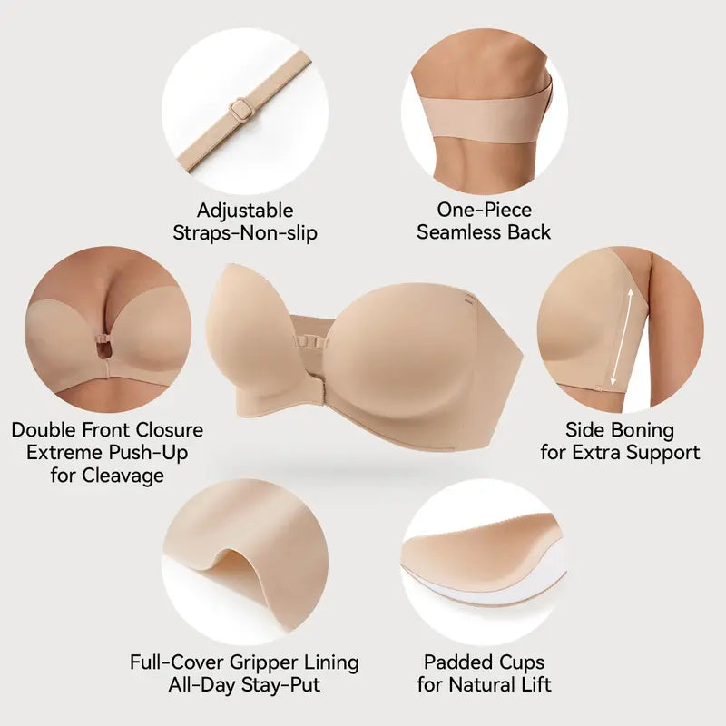 👙 Anti-Slip Security | Women's Strapless Front Closure Push-Up Lift Bra with Wireless Support ✨