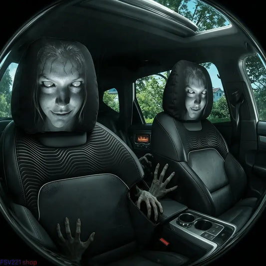 👻 Turn Heads on the Road | 2-Pack Creepy Horror Ghost Face Car Headrest Covers, Slip-On Stretch Fabric Halloween Spooky Prank Vehicle Decor ✨