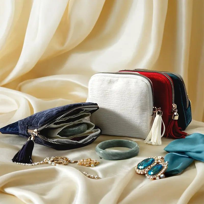 💎 Tangled Chains No More | Portable Travel Jewelry Zippered Pocket Case, 5-Compartment Velvet Satin Lining Organizer with Tassel Zipper ✨