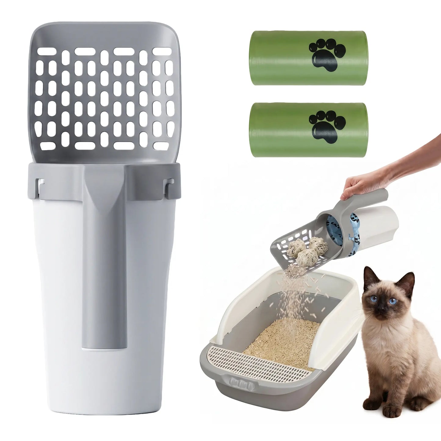 🐱 Clean Hands, No Mess | 2-in-1 Cat Litter Scooper with Integrated Trash Box & Waste Bag Holder 💩