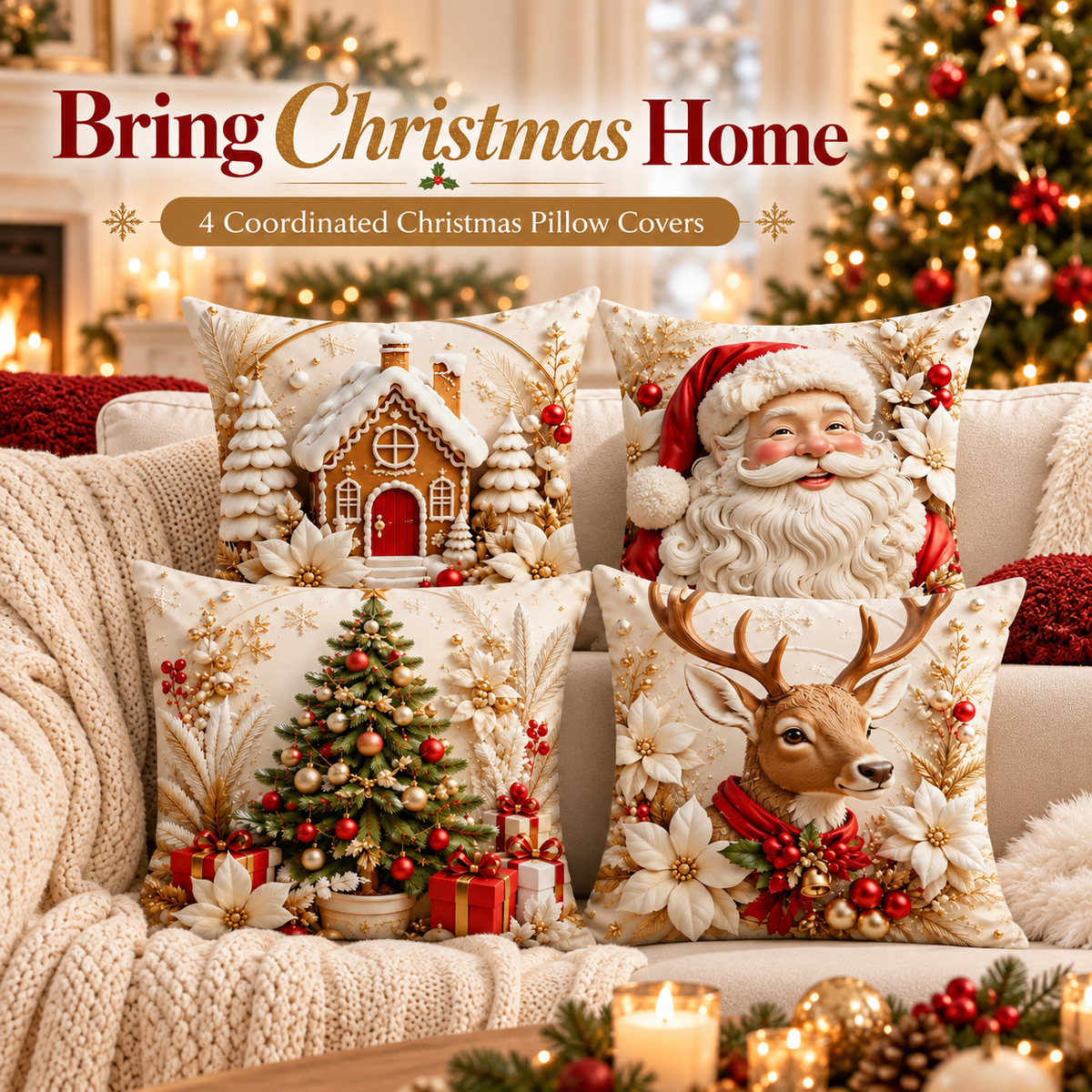 4 pack Christmas Pillow Cover Set – Easy Holiday Accent for a Festive Look