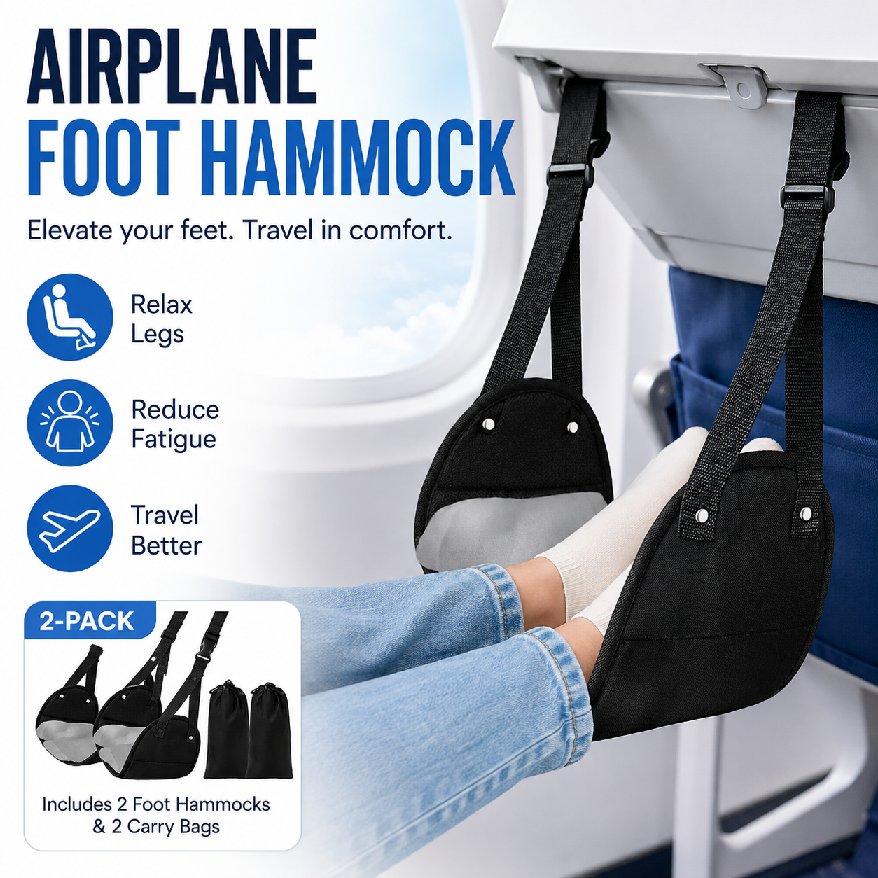 Two adjustable airplane travel footrest hammocks