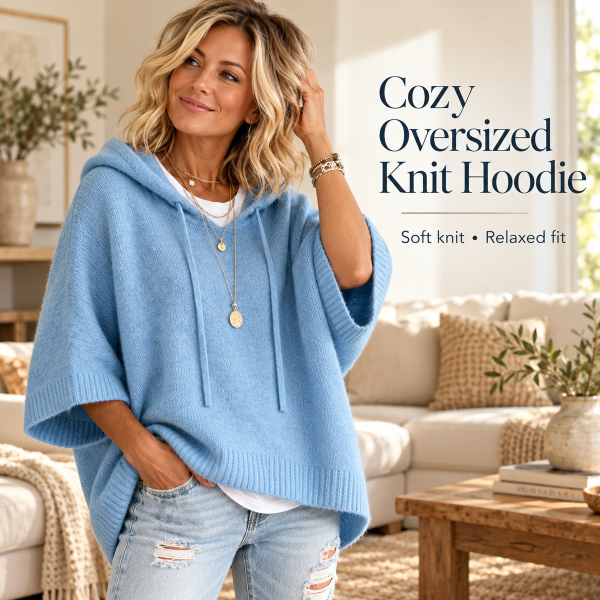 Women's Oversized Knit Hoodie – Cozy Relaxed Fit Sweater