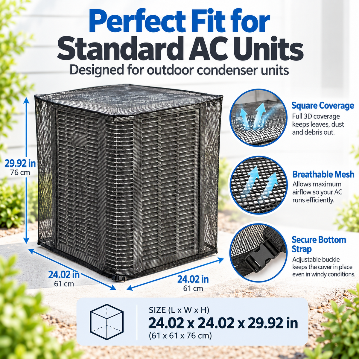 Outdoor AC cover with adjustable bottom buckle