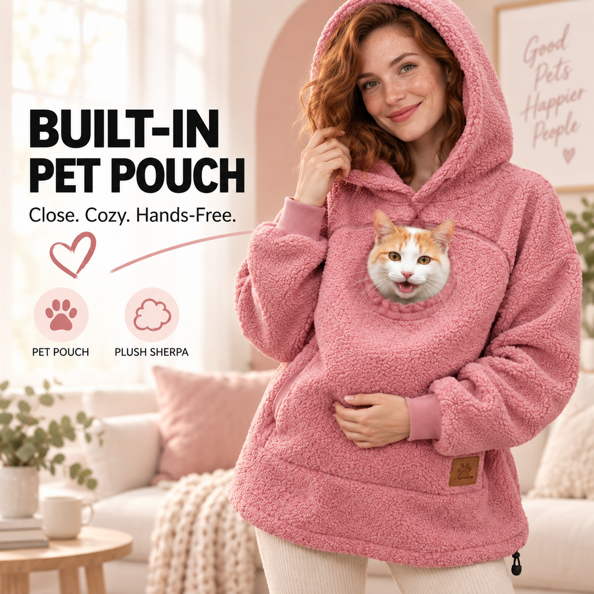 Pink oversized sherpa hoodie with built-in pet pouch
