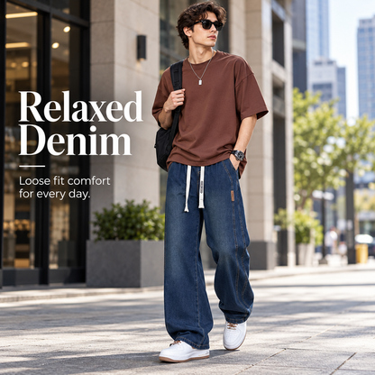 Men’s Relaxed Fit Drawstring Jeans – Stretch Wide-Leg Denim Pants