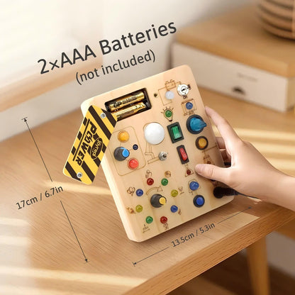 💡 Satisfy Creative Curiosity | Montessori Sensory Wooden Busy Board with LED Light-Up Switches, Portable Fine Motor Skills Quiet Toy for Toddlers 🧸