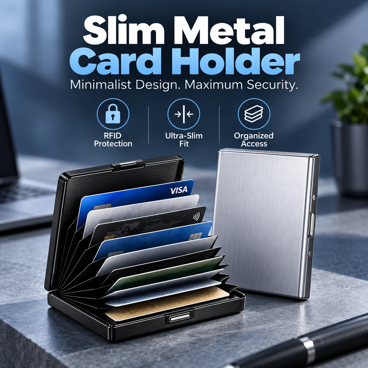 Slim RFID-blocking metal card holder with organized accordion storage