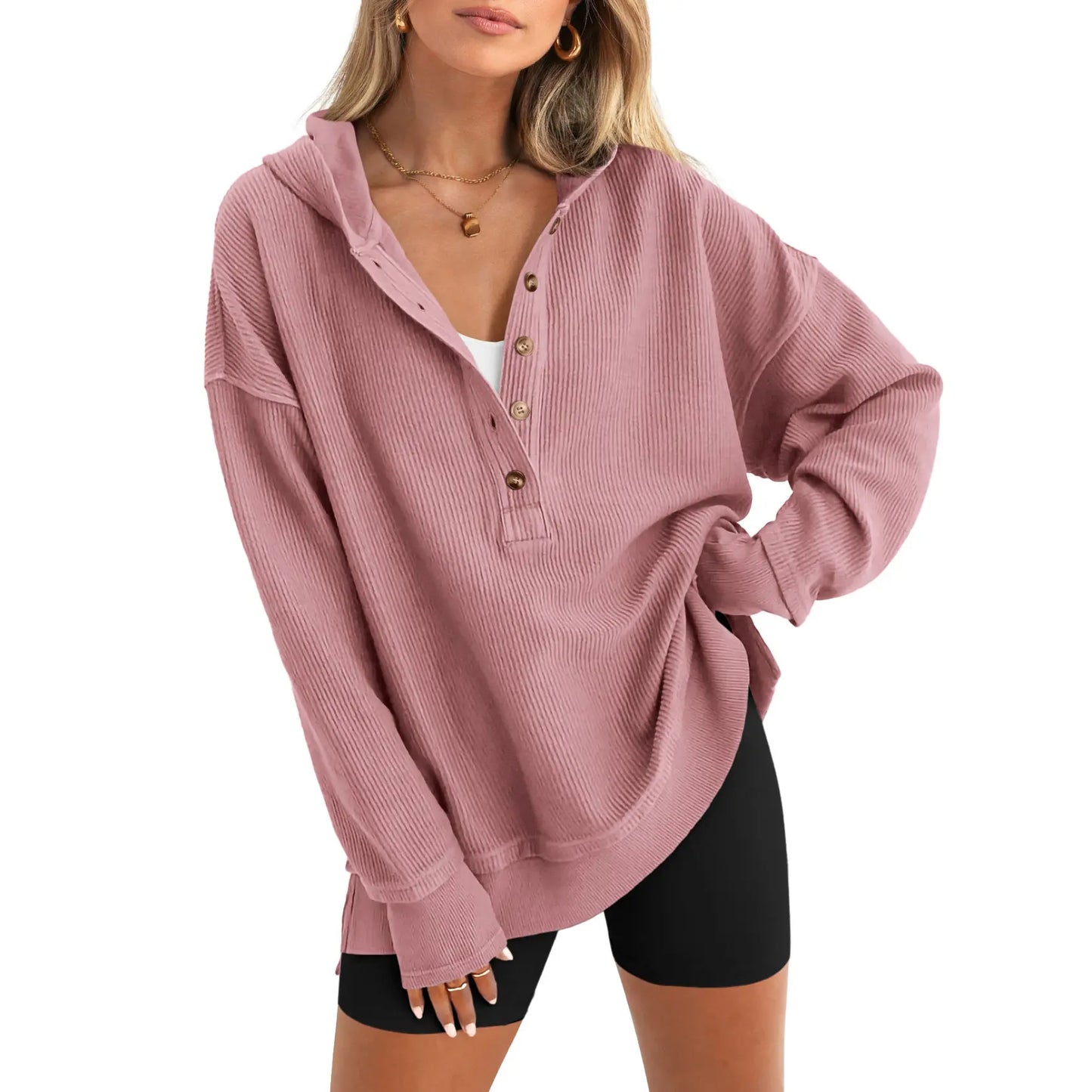 🍂 Cozy Fall Fashion | Women's Fashion Long Sleeve Hoodie, Oversized Button-Up V-Neck Sweatshirt with Side Slits ✨