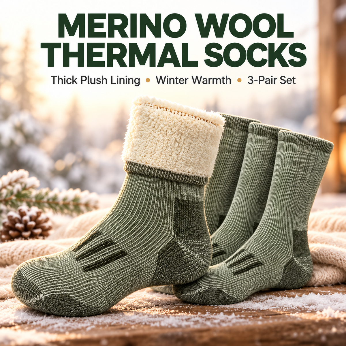3-PAIR Merino Wool Thermal Socks – Thick Cushioned Winter Warmth