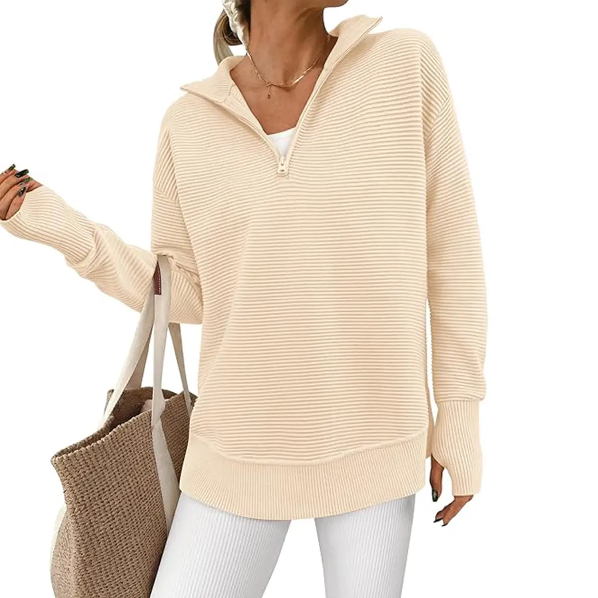 🍂 Cozy Fall Fashion | Women's Long Sleeve Quarter-Zip Pullover Sweater, Loose V-Neck Collared Ribbed Knit Jumper with Thumb Holes ✨