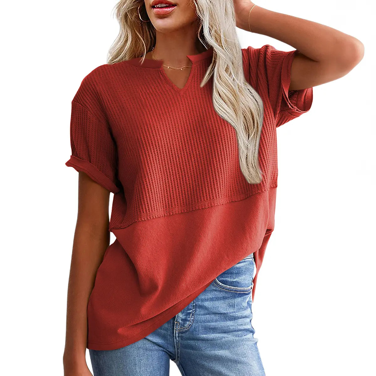 👗 Flattering & Slimming | Women's Plus Size V-Neck Short Sleeve Knit Top Casual Oversized Ribbed Tee ✨