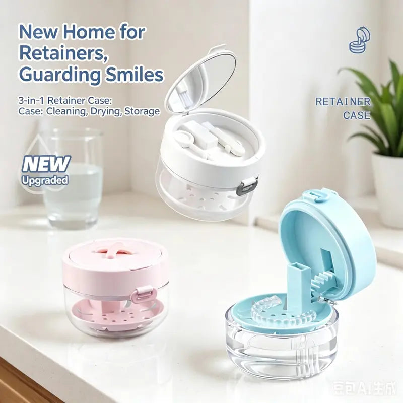 🦷 Smile On the Go | 3-in-1 Portable Retainer Cleaner Case & Denture Soak Container with Mirror, Brush, and Drain Basket 🪞