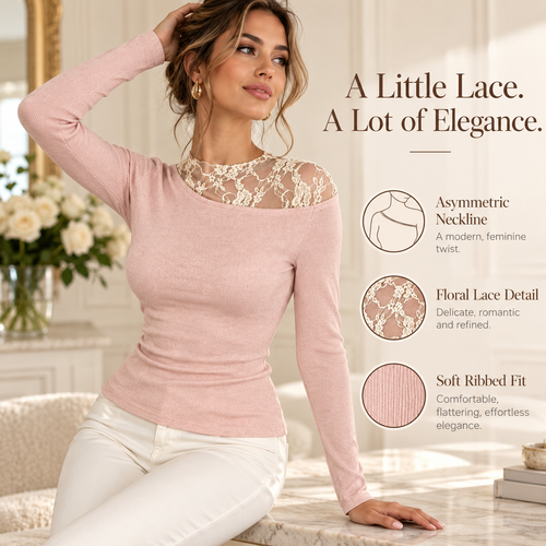 Women's Elegant Asymmetrical Lace Neckline Long Sleeve Top