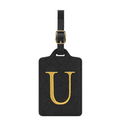 ✈️ Personalize Your Journey | Cute Embroidered Initial Letter A Black PU Leather Luggage Tag & Suitcase Identifier 🏷️