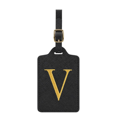 ✈️ Personalize Your Journey | Cute Embroidered Initial Letter A Black PU Leather Luggage Tag & Suitcase Identifier 🏷️