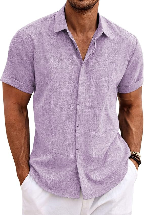Men's Linen Shirts Short Sleeve Casual Shirts Button Down Shirt for Men Beach Summer Wedding Shirt