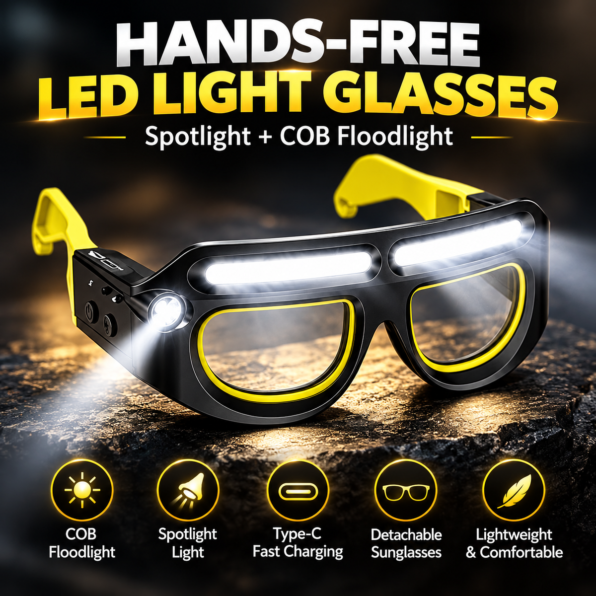 Hands-Free LED Light Glasses with Spotlight & COB Floodlight