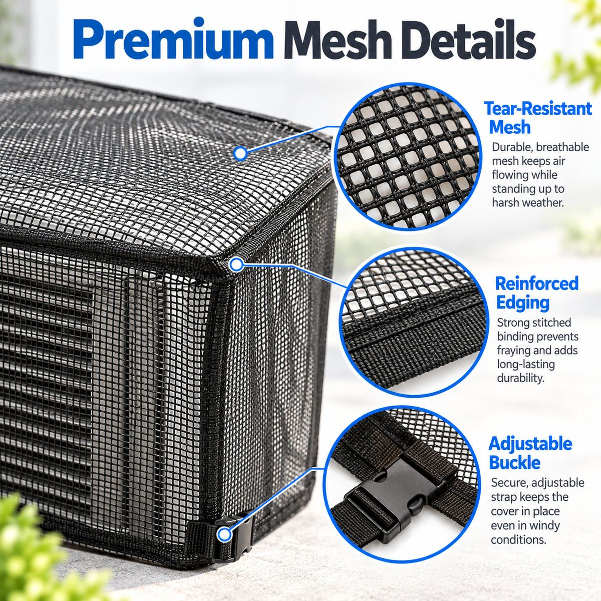 Tear-resistant AC cover mesh with reinforced edging