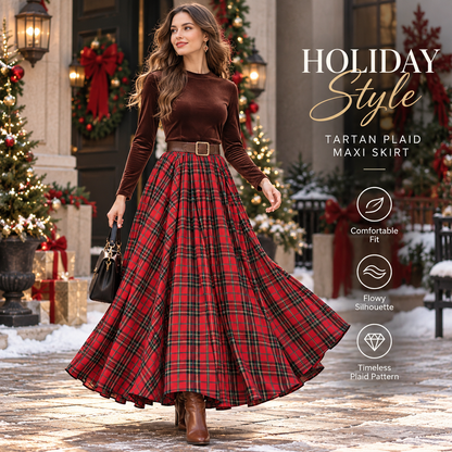 Women’s Tartan Plaid Maxi Skirt – Flowy Holiday Style