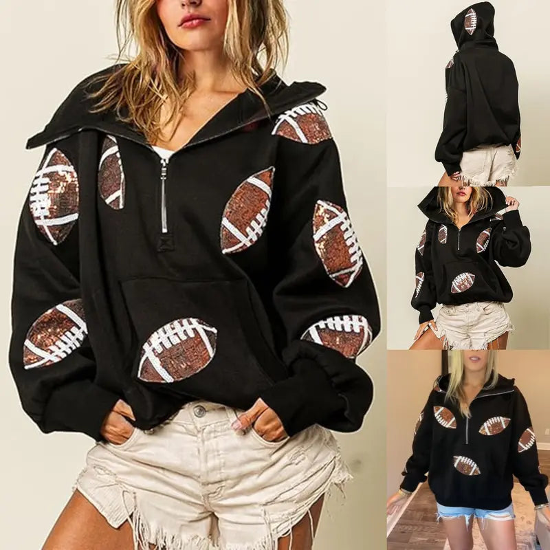 🏈 Steal the Game Day Spotlight | Women's Oversized Half-Zip Football Hoodie with Sequin Detail & Kangaroo Pocket, Casual Long-Sleeve Pullover ✨