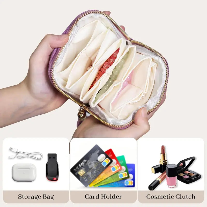 💎 Tangled Chains No More | Portable Travel Jewelry Zippered Pocket Case, 5-Compartment Velvet Satin Lining Organizer with Tassel Zipper ✨