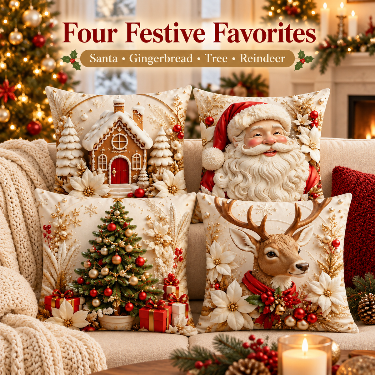 4 pack Christmas Pillow Cover Set – Easy Holiday Accent for a Festive Look