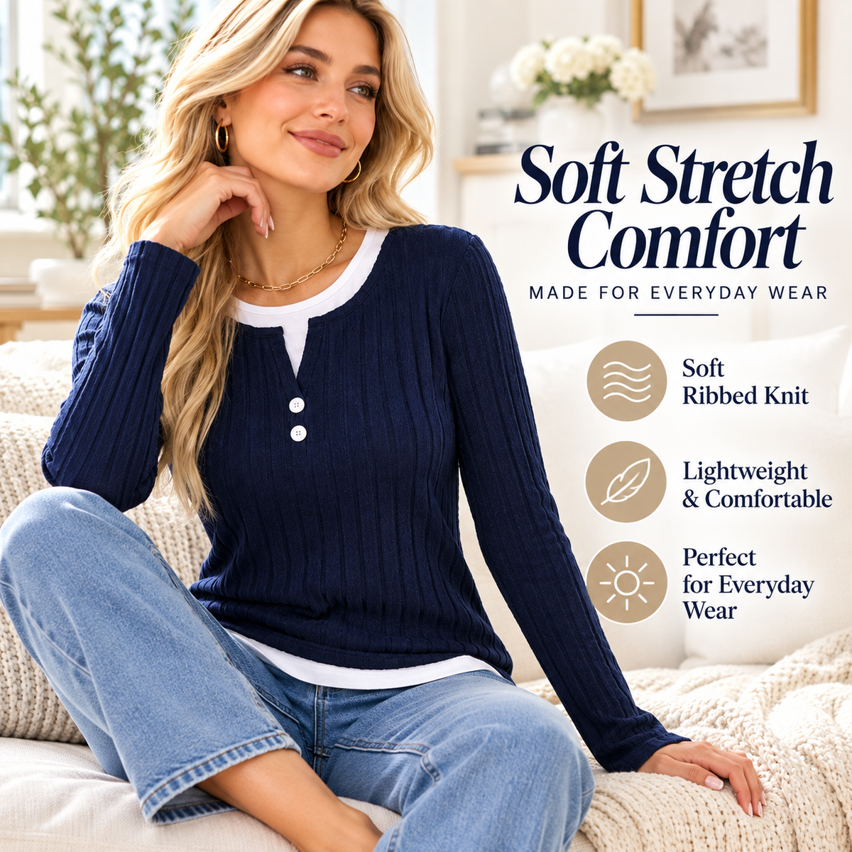 Women's Brushed Faux Two-Piece Long Sleeve Top