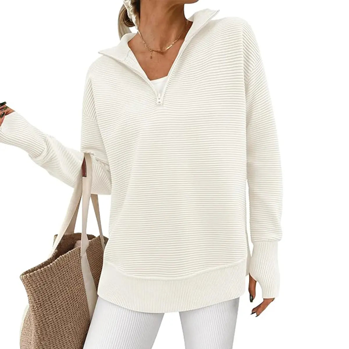 🍂 Cozy Fall Fashion | Women's Long Sleeve Quarter-Zip Pullover Sweater, Loose V-Neck Collared Ribbed Knit Jumper with Thumb Holes ✨