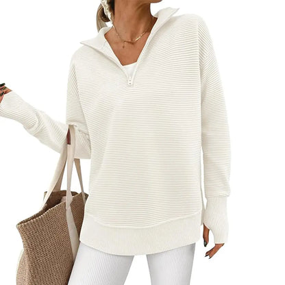 🍂 Cozy Fall Fashion | Women's Long Sleeve Quarter-Zip Pullover Sweater, Loose V-Neck Collared Ribbed Knit Jumper with Thumb Holes ✨
