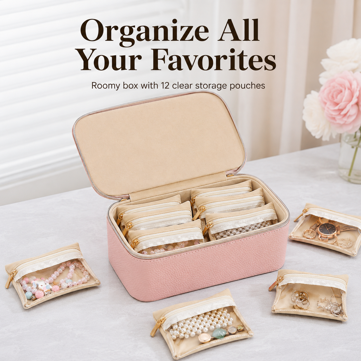 12-Compartment Zippered Jewelry Organizer Box