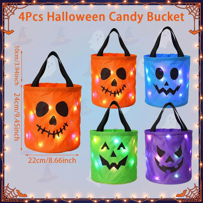 🎃 Glow in the Spooky Night | 3/4 Pcs Halloween Candy Bucket with LED Lights Non-Woven Trick or Treat Bags 👻