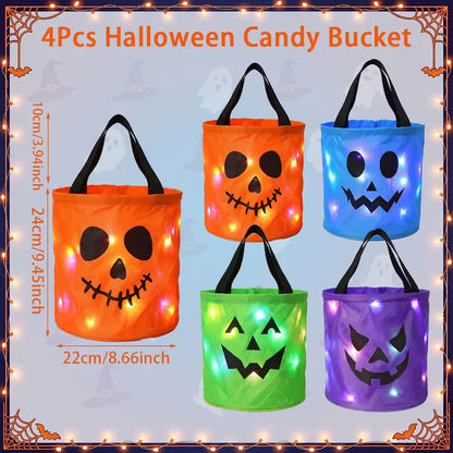 🎃 Glow in the Spooky Night | 3/4 Pcs Halloween Candy Bucket with LED Lights Non-Woven Trick or Treat Bags 👻