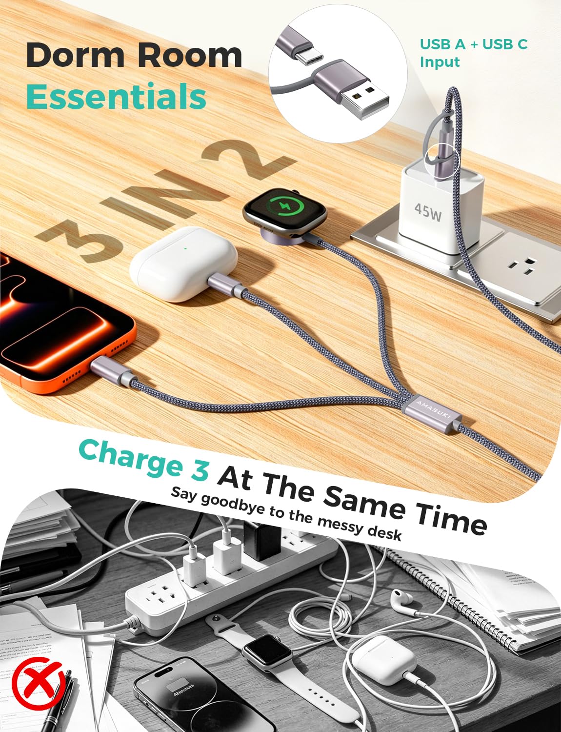 ⚡ Simplify Your Travel Gear | 3-in-2 Multi-Charging Cable with Apple Watch Magnetic Charger, Cruise & Camping Essential for iPhone & iWatch ✨