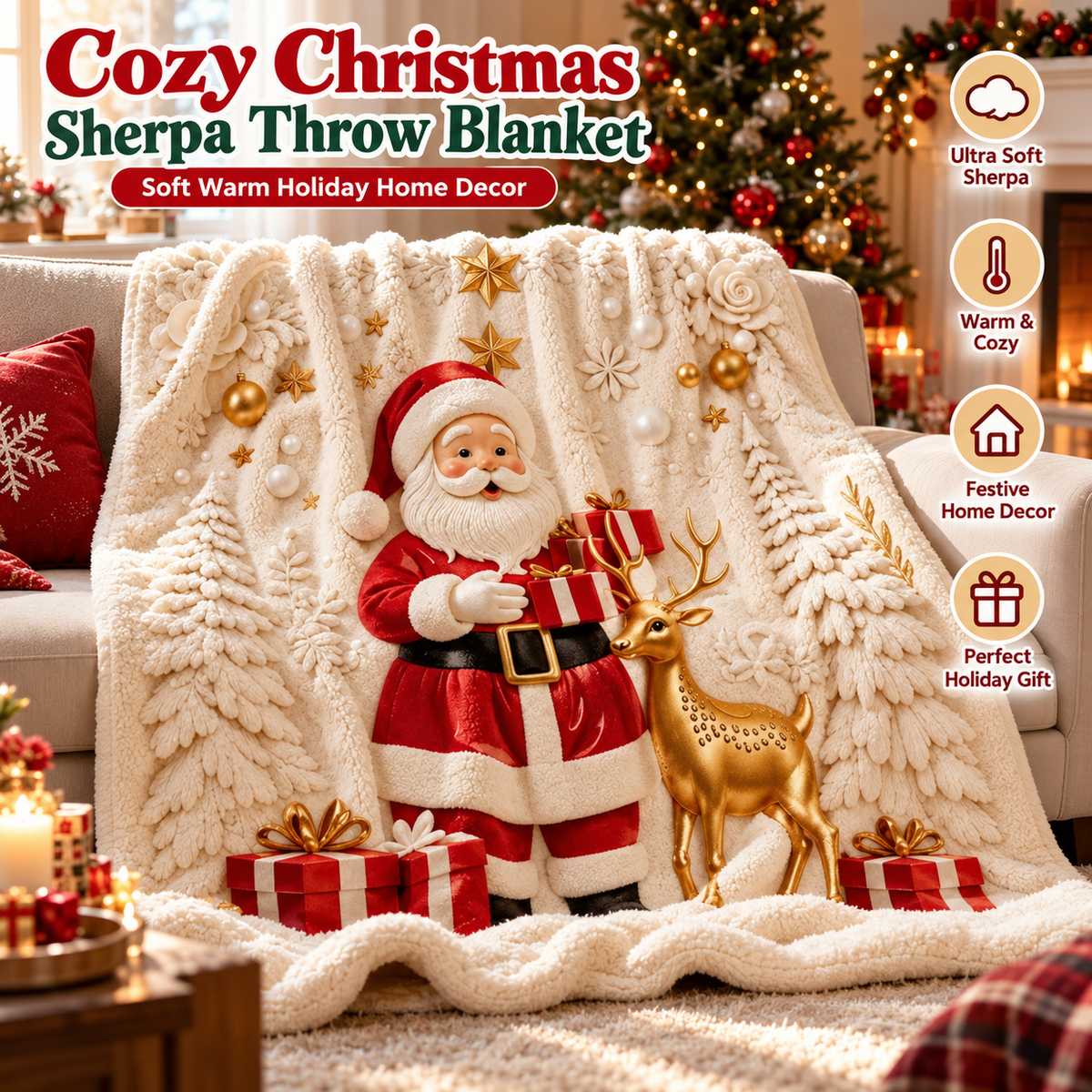 Cozy Christmas Sherpa Throw Blanket
