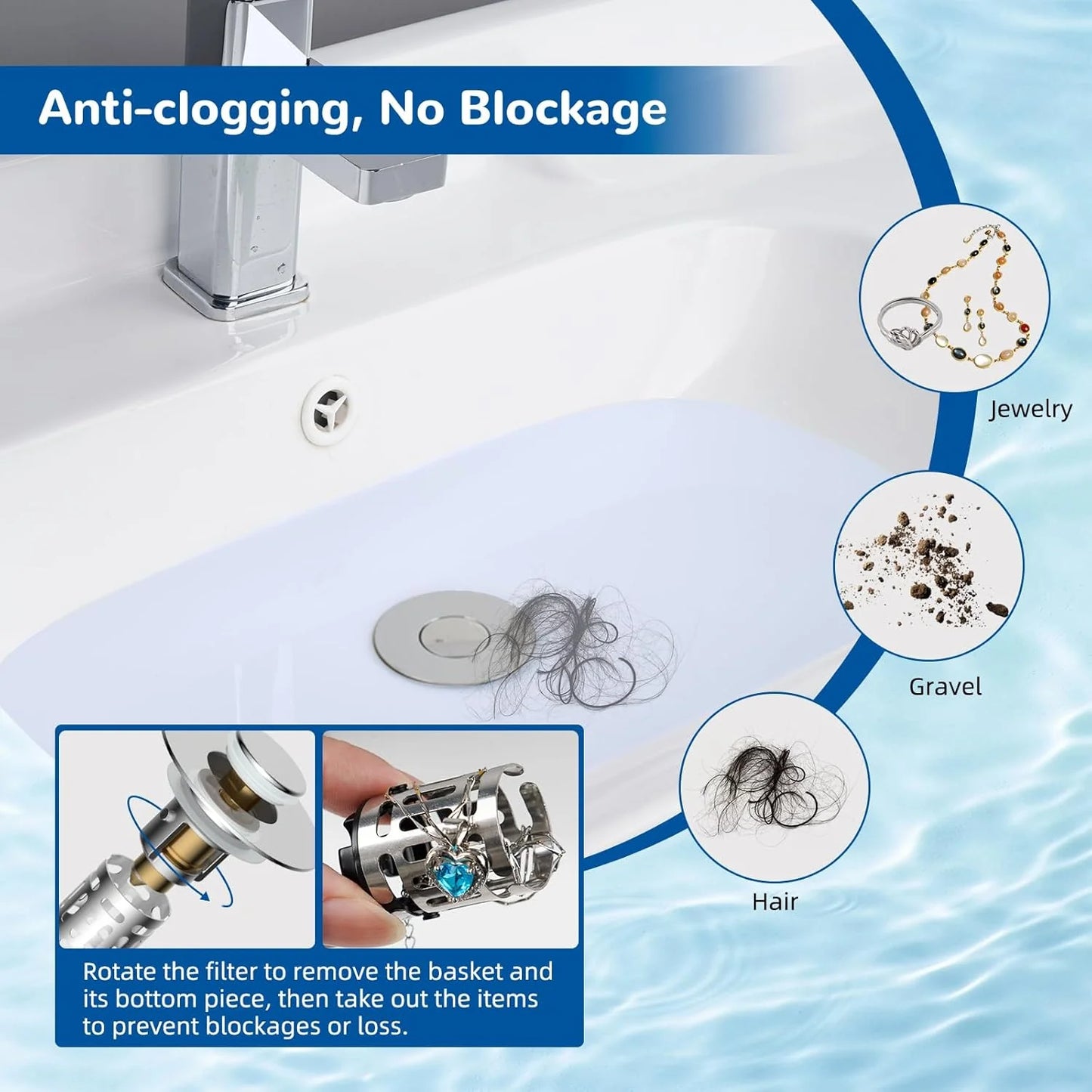🚰 Zero-Clog Mastery | Upgraded 3-in-1 Universal Pop-Up Bathroom Sink Drain Stopper with Removable Hair Catcher Basket 🛠️