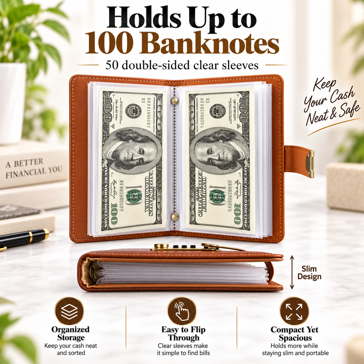 Cash binder with clear money sleeves