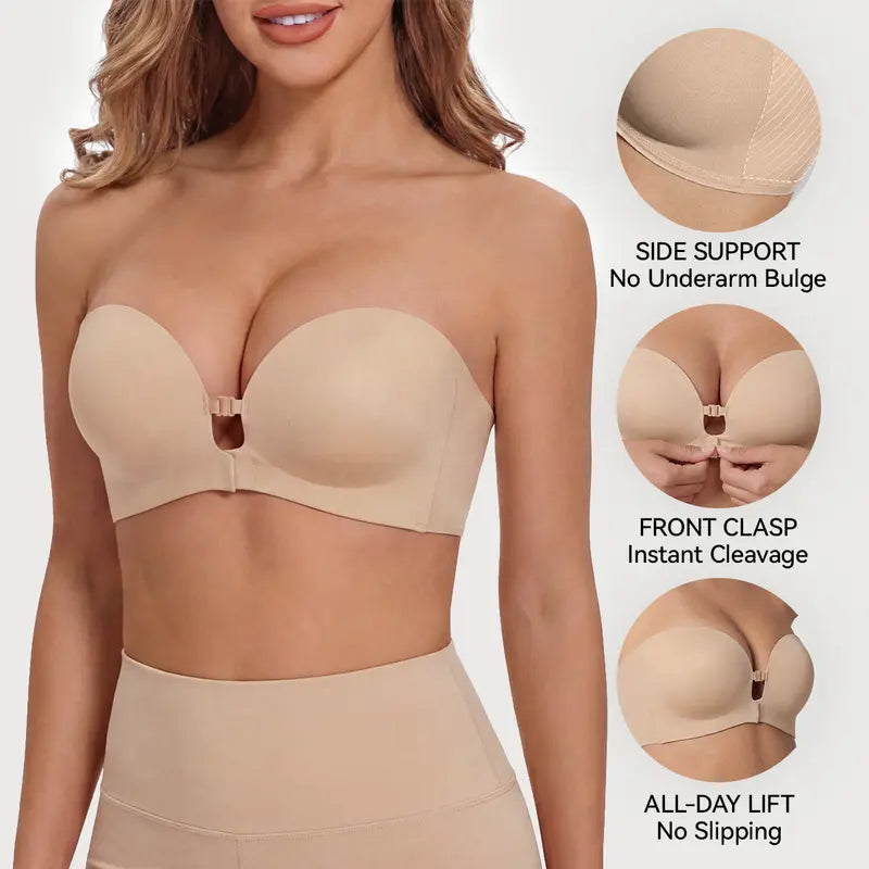 👙 Anti-Slip Security | Women's Strapless Front Closure Push-Up Lift Bra with Wireless Support ✨