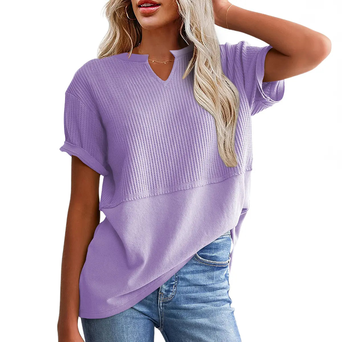 👗 Flattering & Slimming | Women's Plus Size V-Neck Short Sleeve Knit Top Casual Oversized Ribbed Tee ✨