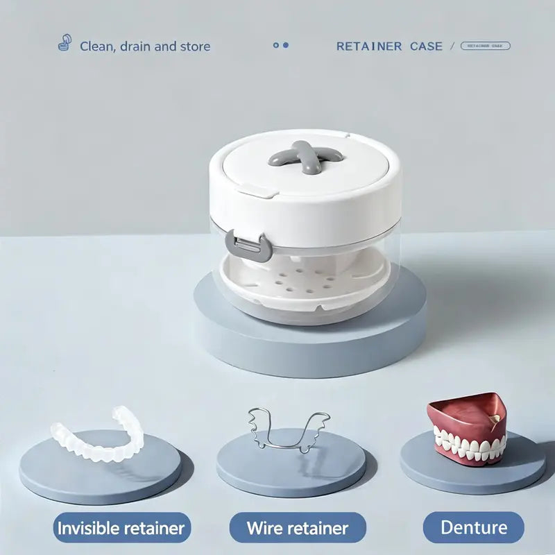 🦷 Smile On the Go | 3-in-1 Portable Retainer Cleaner Case & Denture Soak Container with Mirror, Brush, and Drain Basket 🪞