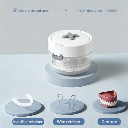 🦷 Smile On the Go | 3-in-1 Portable Retainer Cleaner Case & Denture Soak Container with Mirror, Brush, and Drain Basket 🪞