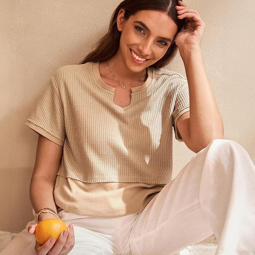 👗 Flattering & Slimming | Women's Plus Size V-Neck Short Sleeve Knit Top Casual Oversized Ribbed Tee ✨