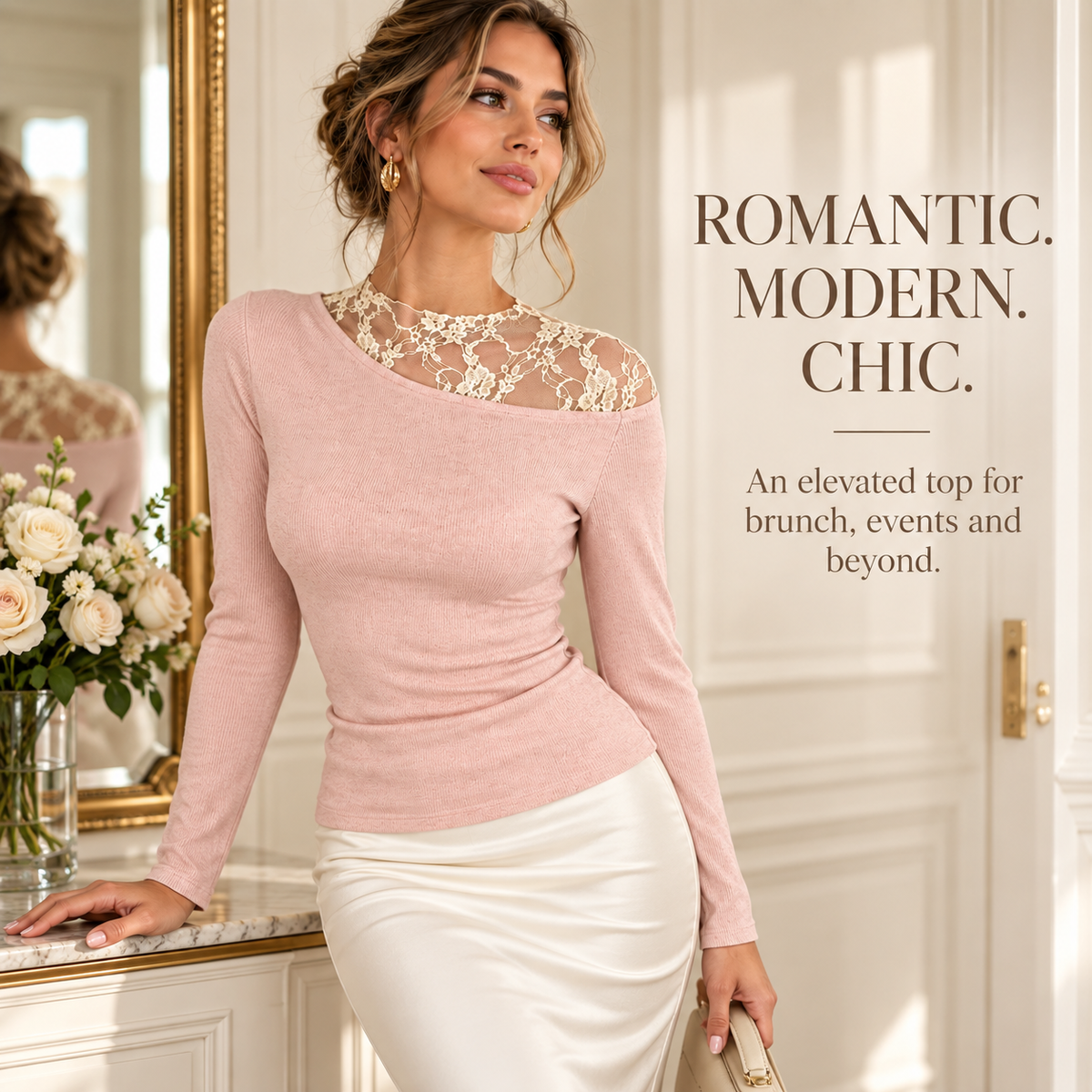 Women's Elegant Asymmetrical Lace Neckline Long Sleeve Top