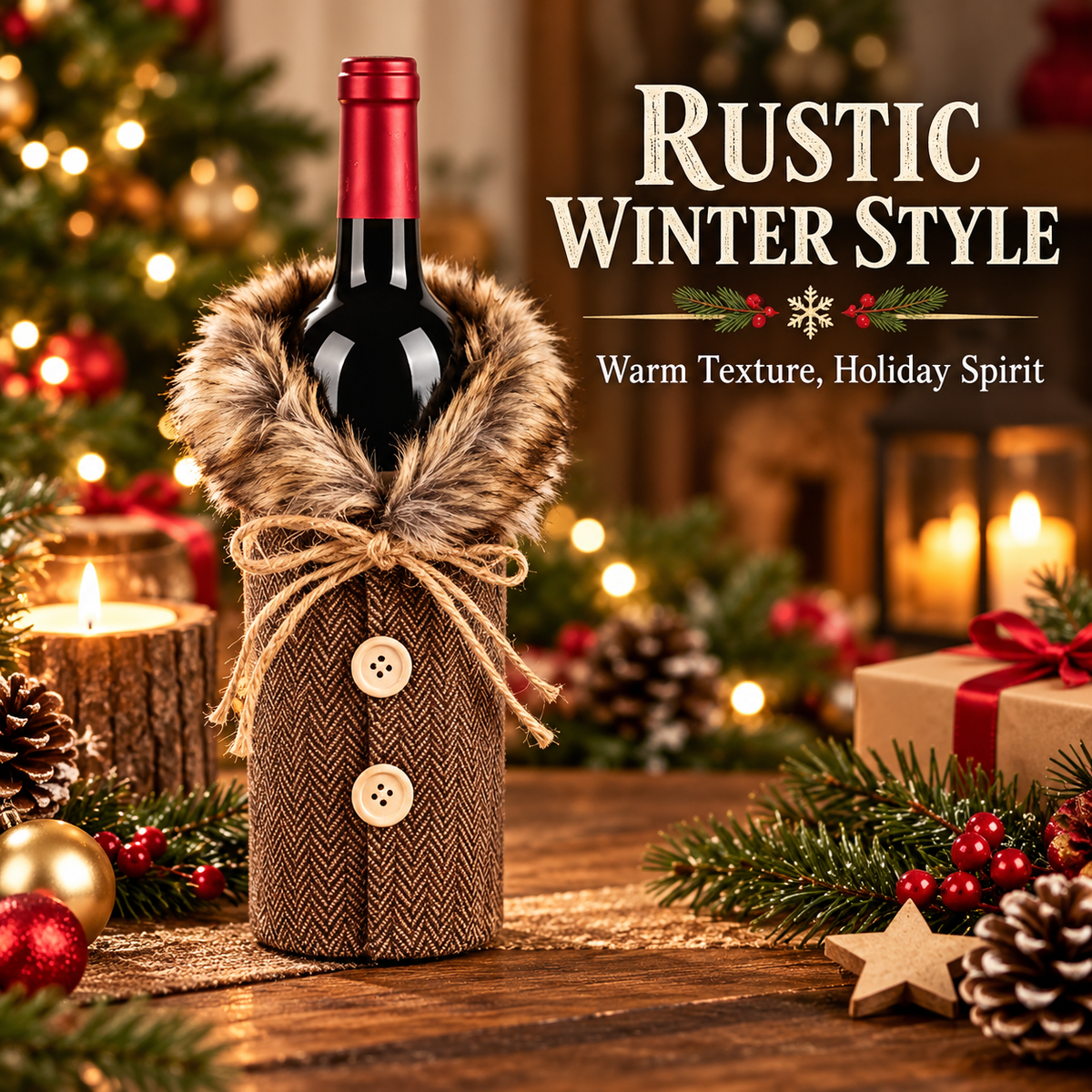 6 PCS Christmas Wine Bottle Covers – Cozy Faux Fur Holiday Decor