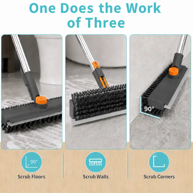 🧹 No-Bend Cleaning | 3-in-1 Adjustable Long Handle Floor Scrub Brush & Squeegee ✨