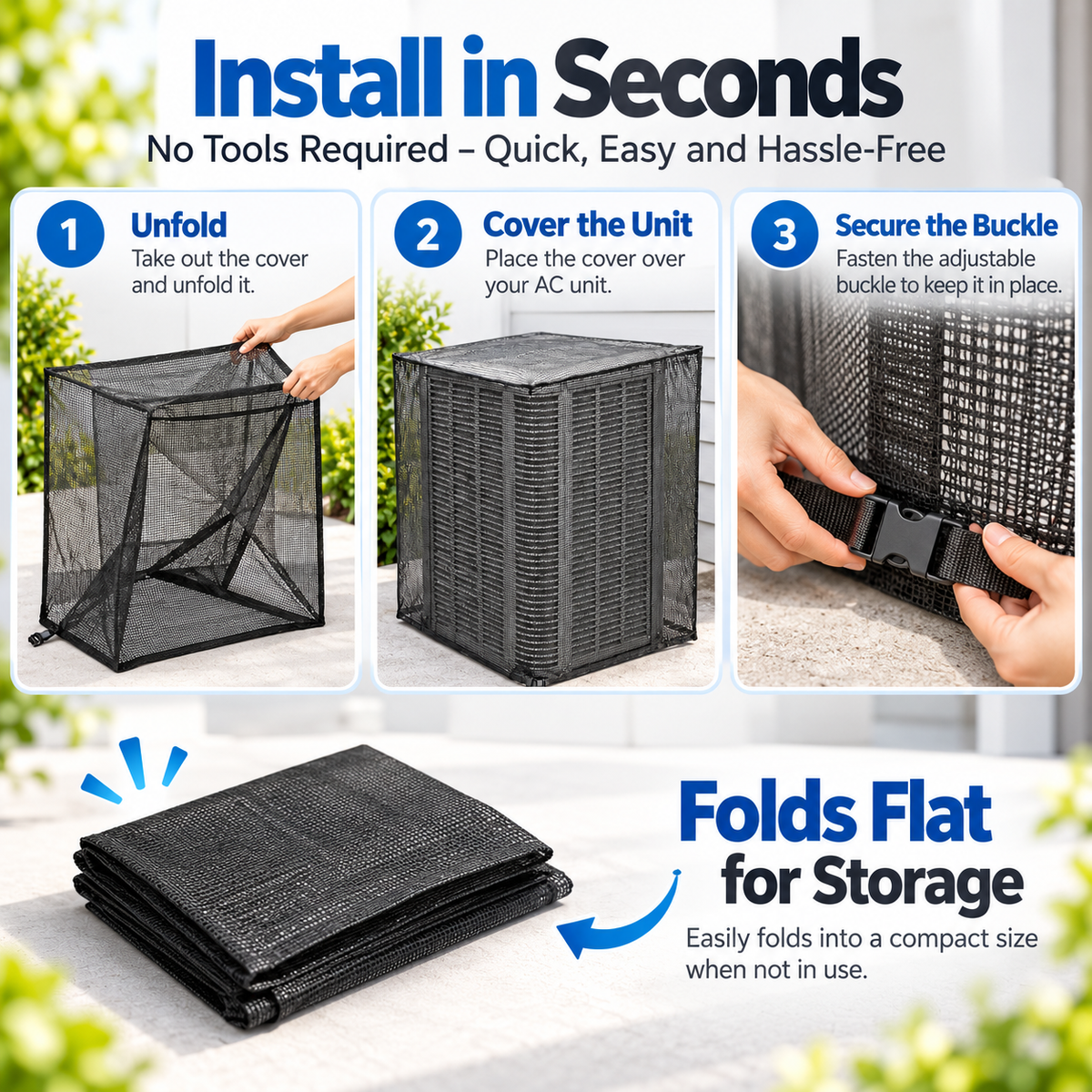 Three-step tool-free installation of outdoor AC mesh cover
