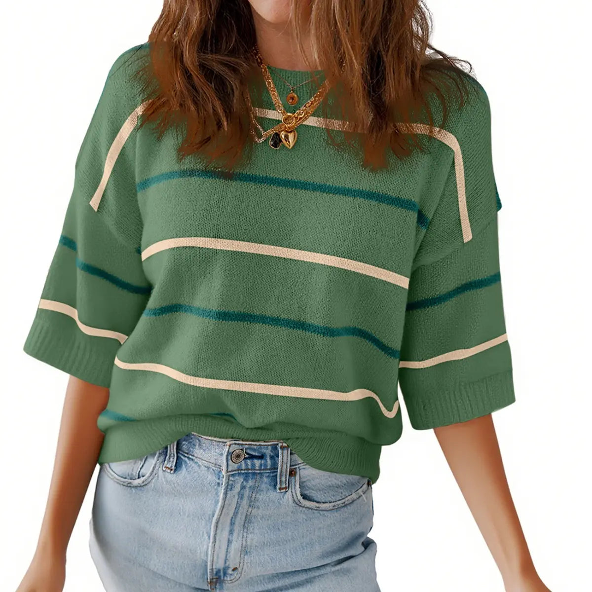 👗 French Riviera Chic | Women's Striped Knit Crew Neck Short-Sleeve Pullover & Loose-Fit Ribbed Rib-Knit Tee ✨