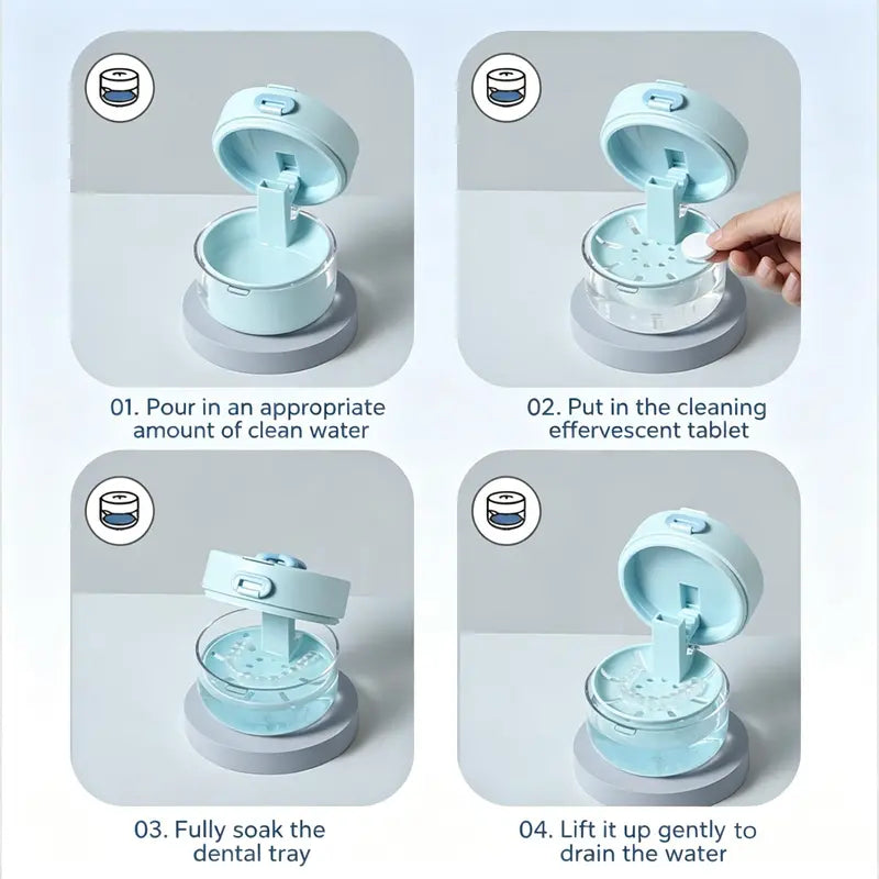 🦷 Smile On the Go | 3-in-1 Portable Retainer Cleaner Case & Denture Soak Container with Mirror, Brush, and Drain Basket 🪞